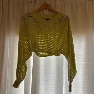 Green Open Crochet Knit V-Neck Sweater